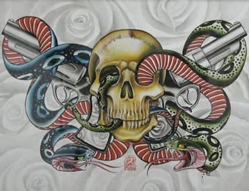 时尚很帅的一款骷髅蛇手枪纹身图案