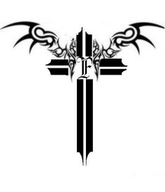 强烈推荐一款图腾十字架翅膀纹身图案图片