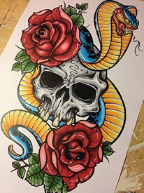强烈推荐一款骷髅蛇玫瑰花纹身图案