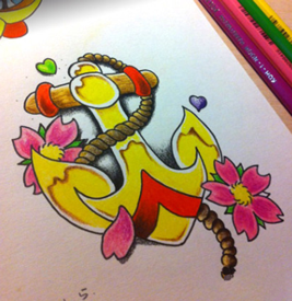 彩色船锚纹身手稿