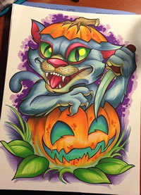 一款搞怪的彩色猫纹身图案