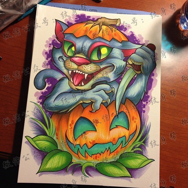 一款搞怪的彩色猫纹身图案