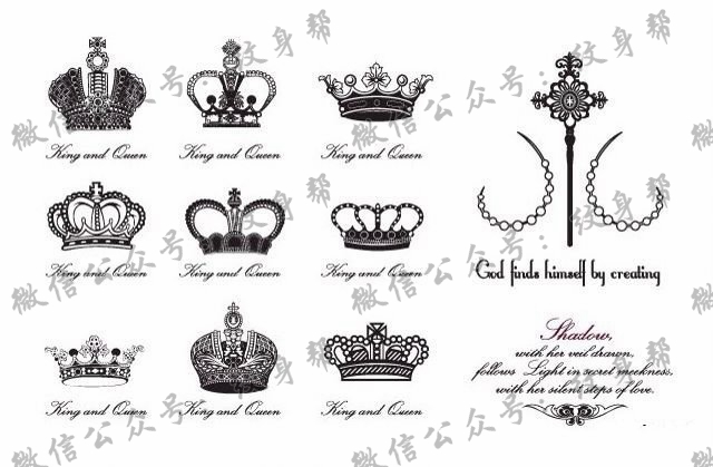 一组精致小巧的皇冠纹身图案