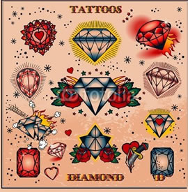 一组彩色钻石精致的纹身图案