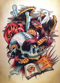 欧美风格的骷髅老鹰纹身图案