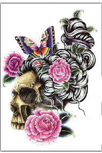 色彩漂亮的艺妓骷髅玫瑰纹身图案