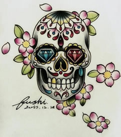 一款彩色骷髅头樱花钻石纹身图案