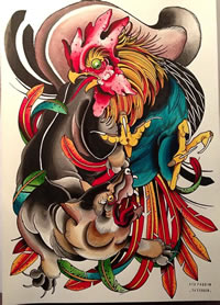 一款彩色school风格公鸡纹身图案