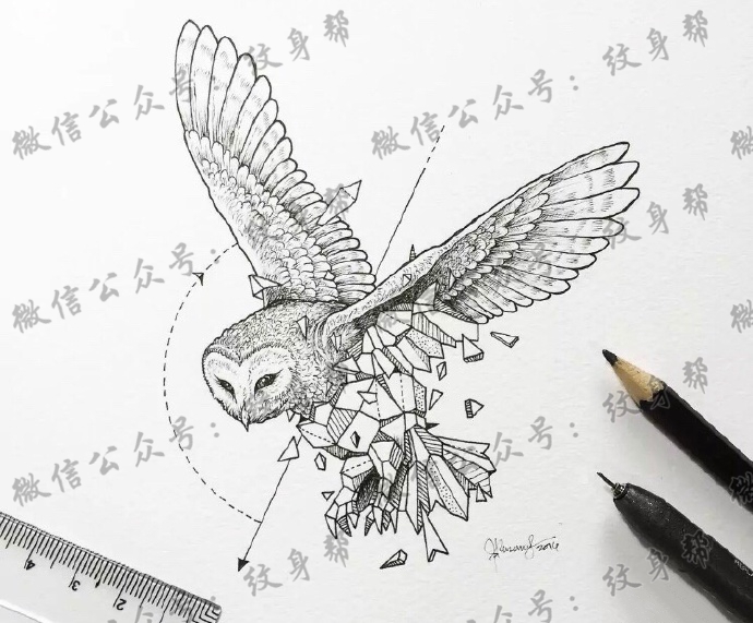 一套9张碎片风几何动物纹身手稿图案