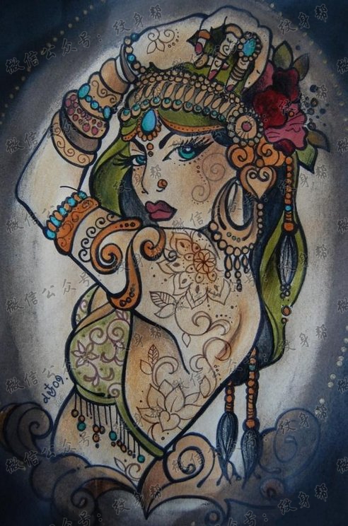 一款彩色人物肖像纹身图案