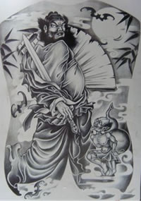 黑白满背钟馗纹身手稿图案