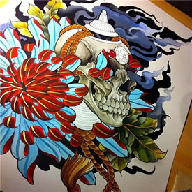 欧美骷髅头菊花纹身图案