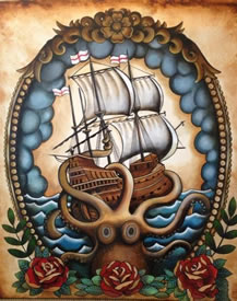 复古帆船纹身图案