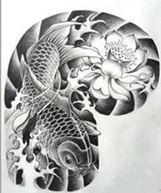 半胛纹身手稿图案莲花鲤鱼