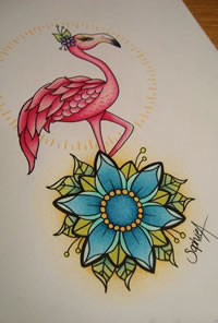 一款彩色丹顶鹤花纹身手稿图案