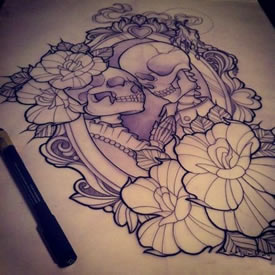 个性的骷髅玫瑰花纹身手稿图案