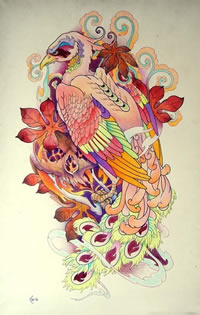 一款满背的彩色个性孔雀纹身图案