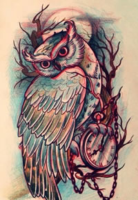 彩色猫头鹰时钟纹身图案