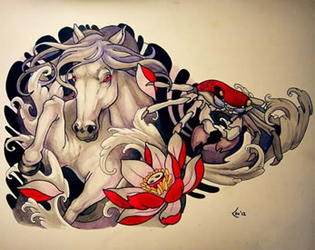 一款彩色马莲花纹身手稿