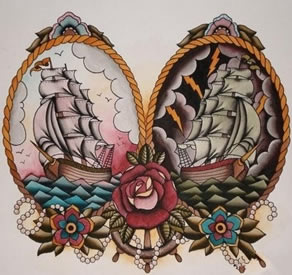 school风格的帆船纹身图案