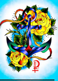 彩色玫瑰船锚纹身手稿图案