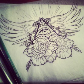 上帝之眼翅膀玫瑰纹身图案