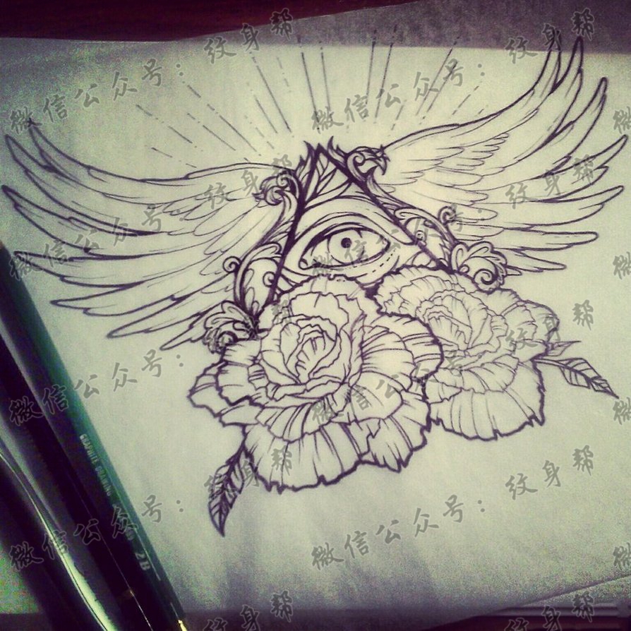 上帝之眼翅膀玫瑰纹身图案