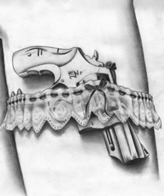 腿部蕾丝手枪纹身图案
