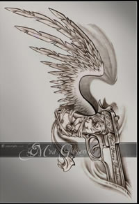 一款翅膀手枪纹身图案