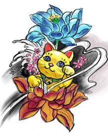 一款招财猫莲花纹身图案