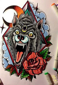 狼头玫瑰花纹身图案由武汉纹身馆推荐
