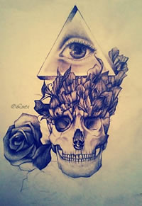 个性的骷髅头玫瑰花纹身手稿图案