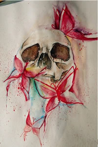 彩色骷髅蝴蝶纹身图案