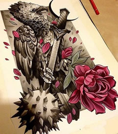 彩色鹦鹉花纹身手稿图案