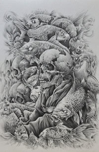 恐怖的骷髅鱼纹身手稿图案