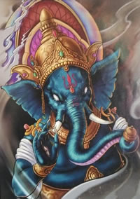 彩色象神纹身手稿图案