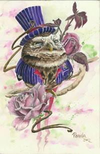 彩色猫头鹰玫瑰花纹身图案