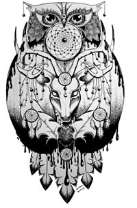 黑灰猫头鹰纹身手稿图案