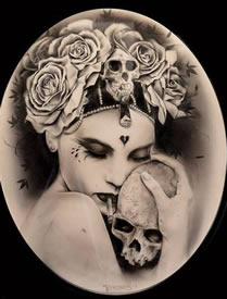 一款女郎玫瑰骷髅纹身手稿图案