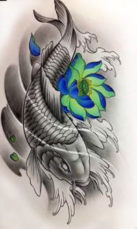 唯美莲花鲤鱼纹身图案