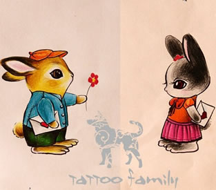 彩色的可爱卡通兔子纹身图案