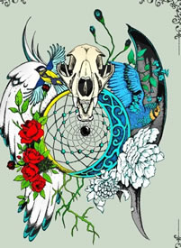 彩色羚羊翅膀牡丹花纹身手稿图案