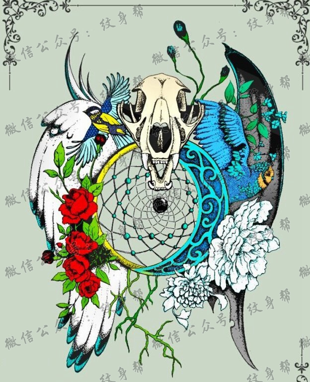 彩色羚羊翅膀牡丹花纹身手稿图案