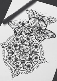 精美潮流的樊花蝴蝶纹身图案