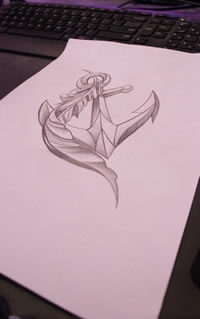 小巧好看的船锚羽毛纹身手稿图案