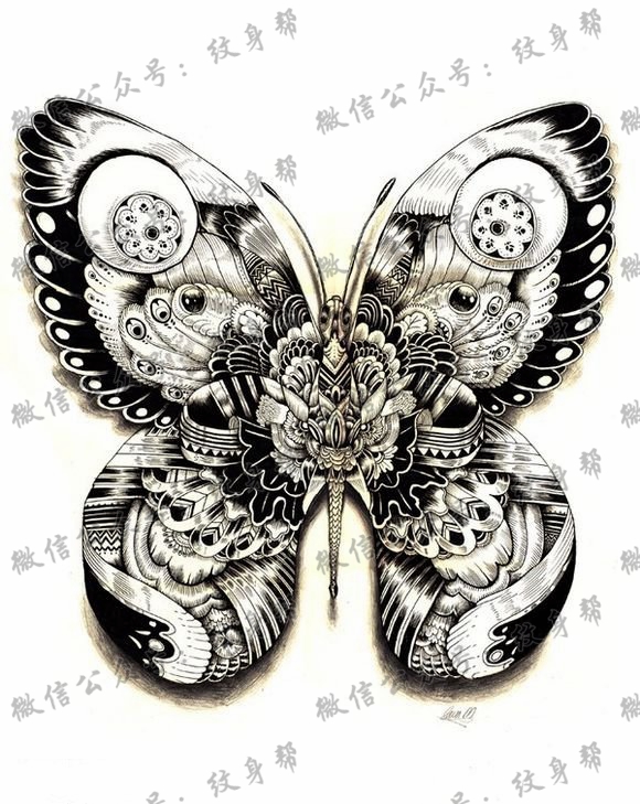 一款灰黑蝴蝶纹身图案
