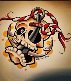 骷髅船锚纹身手稿图案