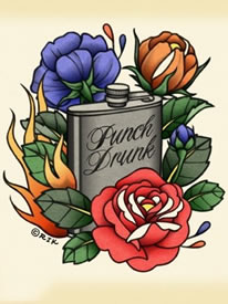 彩色玫瑰花酒壶纹身手稿图案