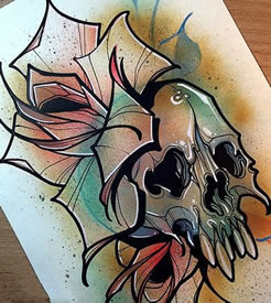 彩色骷髅花纹身手稿图案