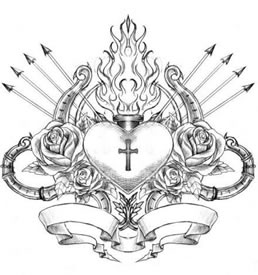 玫瑰花爱心十字架火焰箭头纹身手稿图案